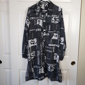 Live 4 Truth Fashion Black and White Newsprint Sheer Long Shirt Tunic Size L